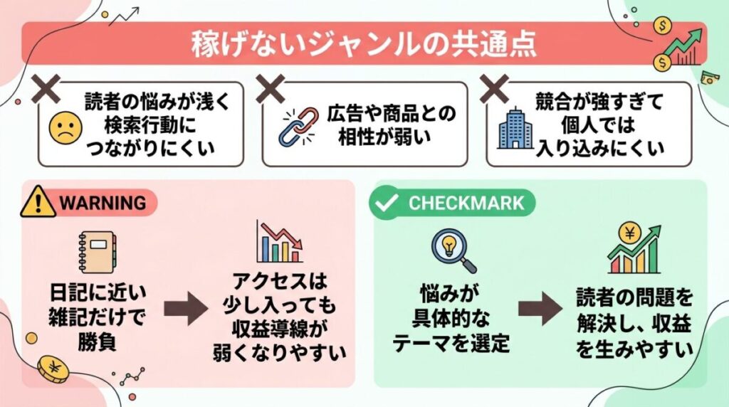 ブログで稼げないジャンルの特徴のイメージ画像