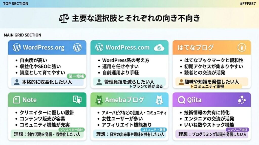 主要サービスの特徴と違いのイメージ画像